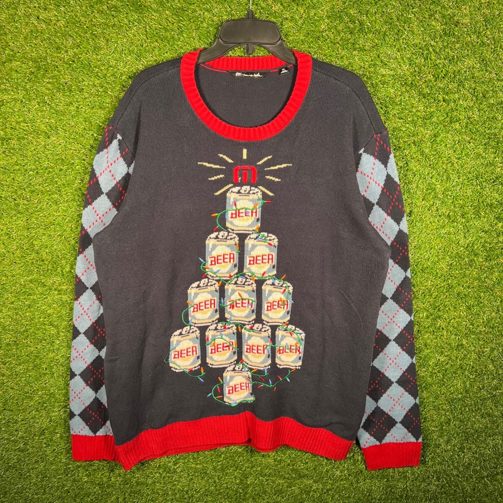 TravisMathew Beer Tree Ugly Christmas Sweater Mens XXL‎ Navy Blue Argyle Sleeves